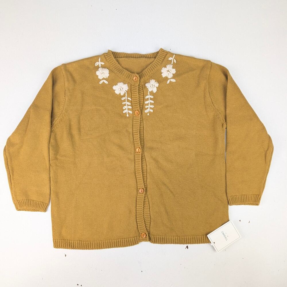 No Brand Girls 7 Mustard/Cream Floral Embroidered Cardigan Sweater